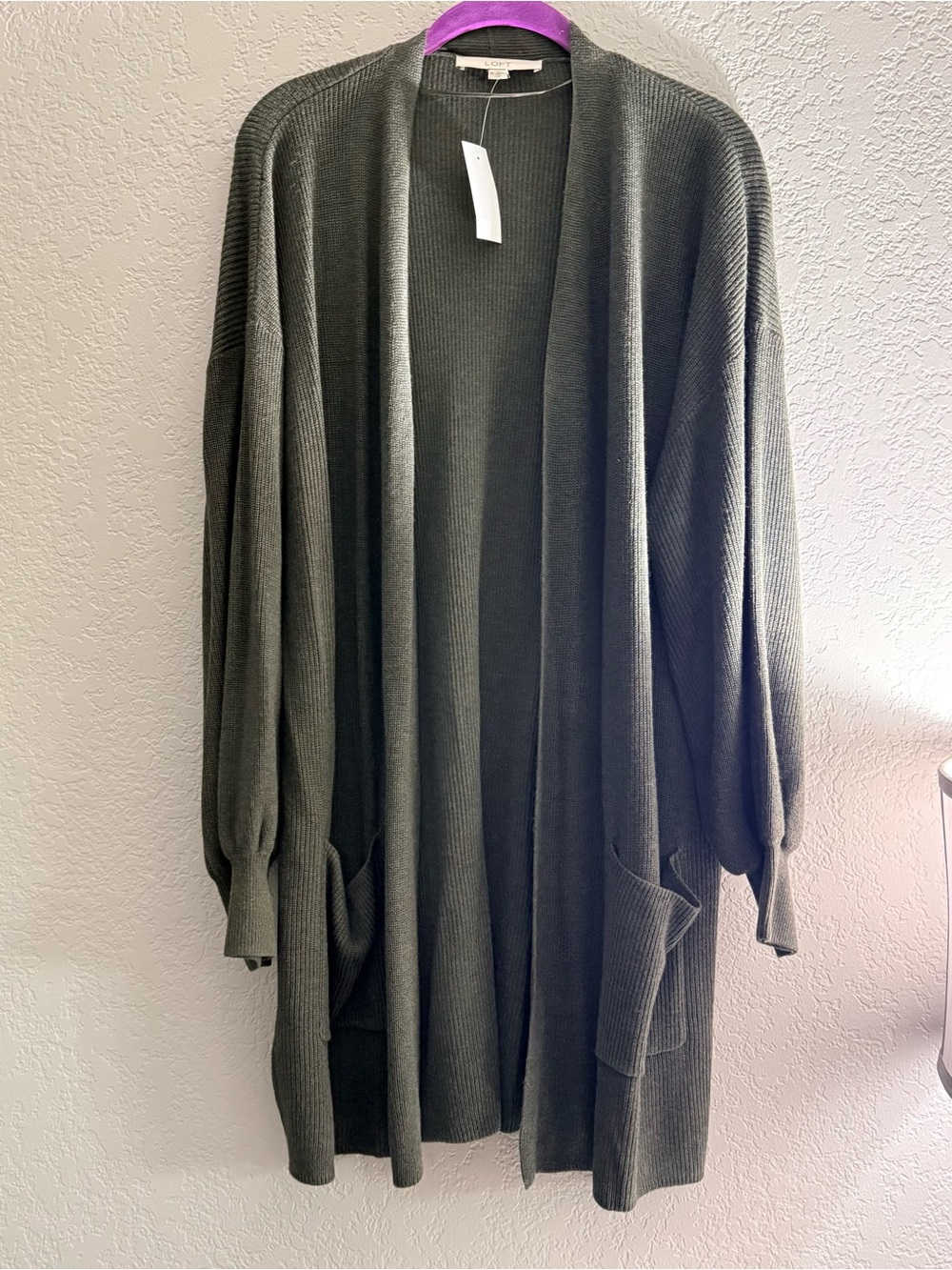 LOFT Olive Open-Front Ribbed Cardigan